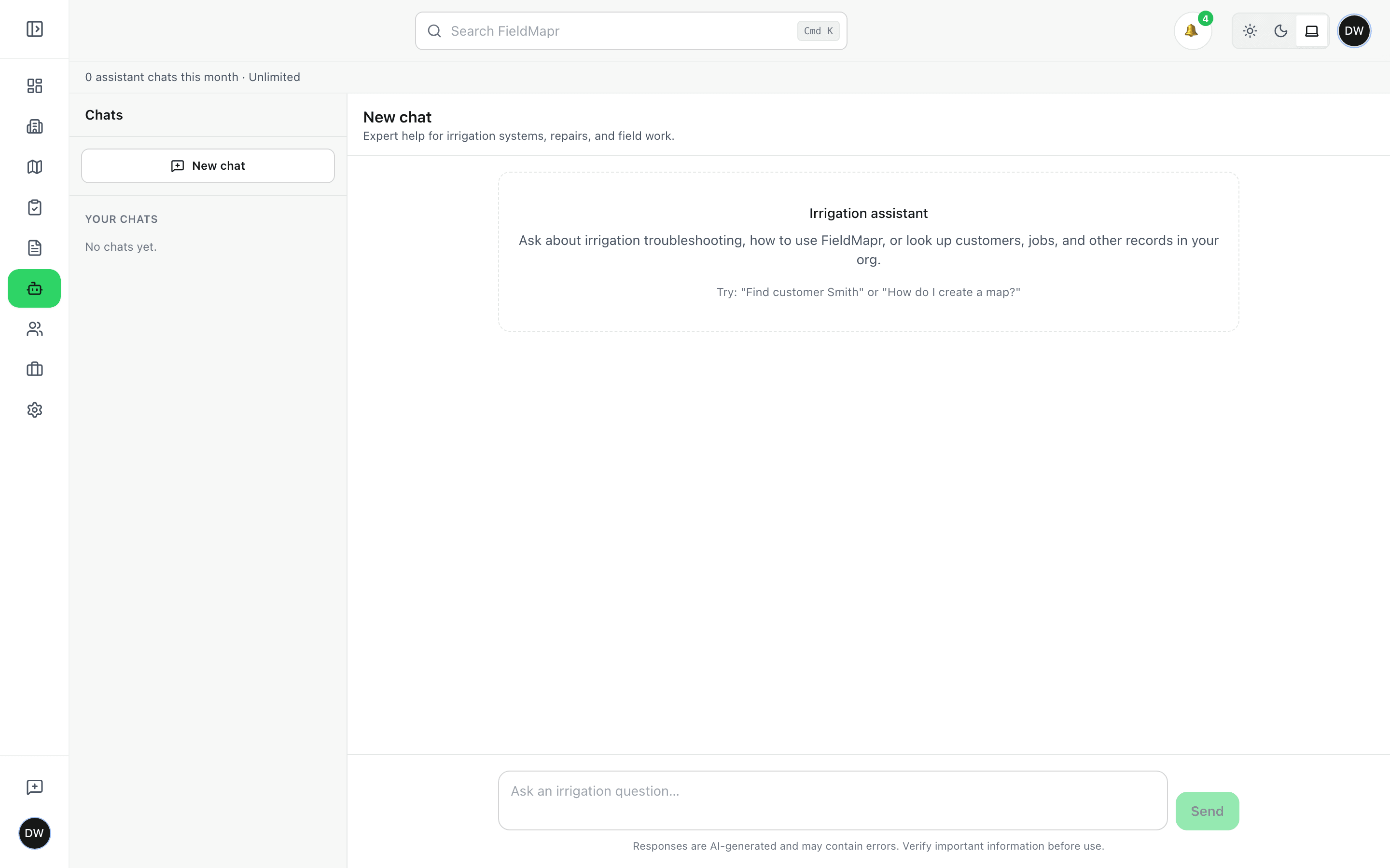 FieldMapr irrigation assistant chat workspace