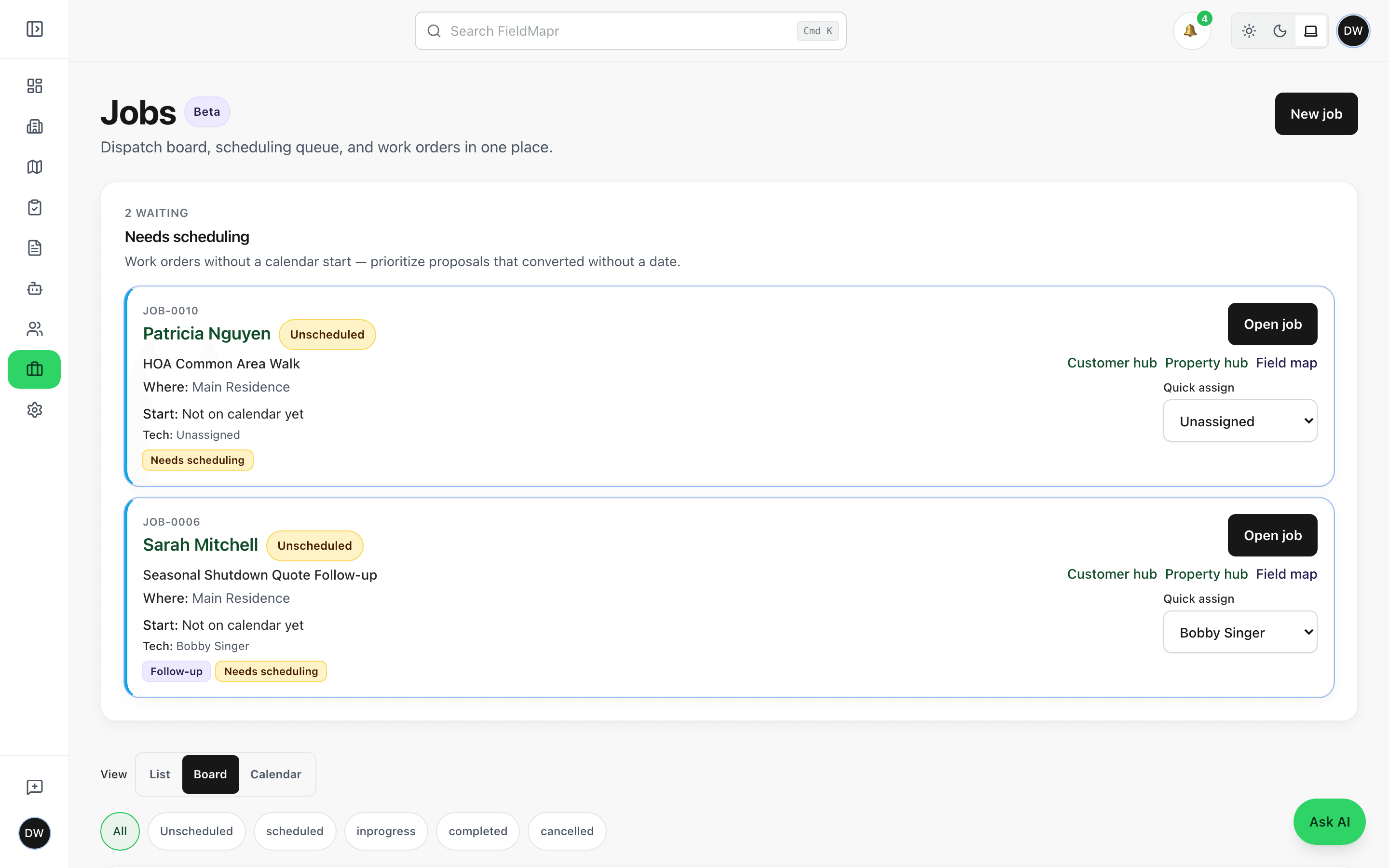 FieldMapr jobs board showing unscheduled work orders with quick assign and Beta scheduling tools