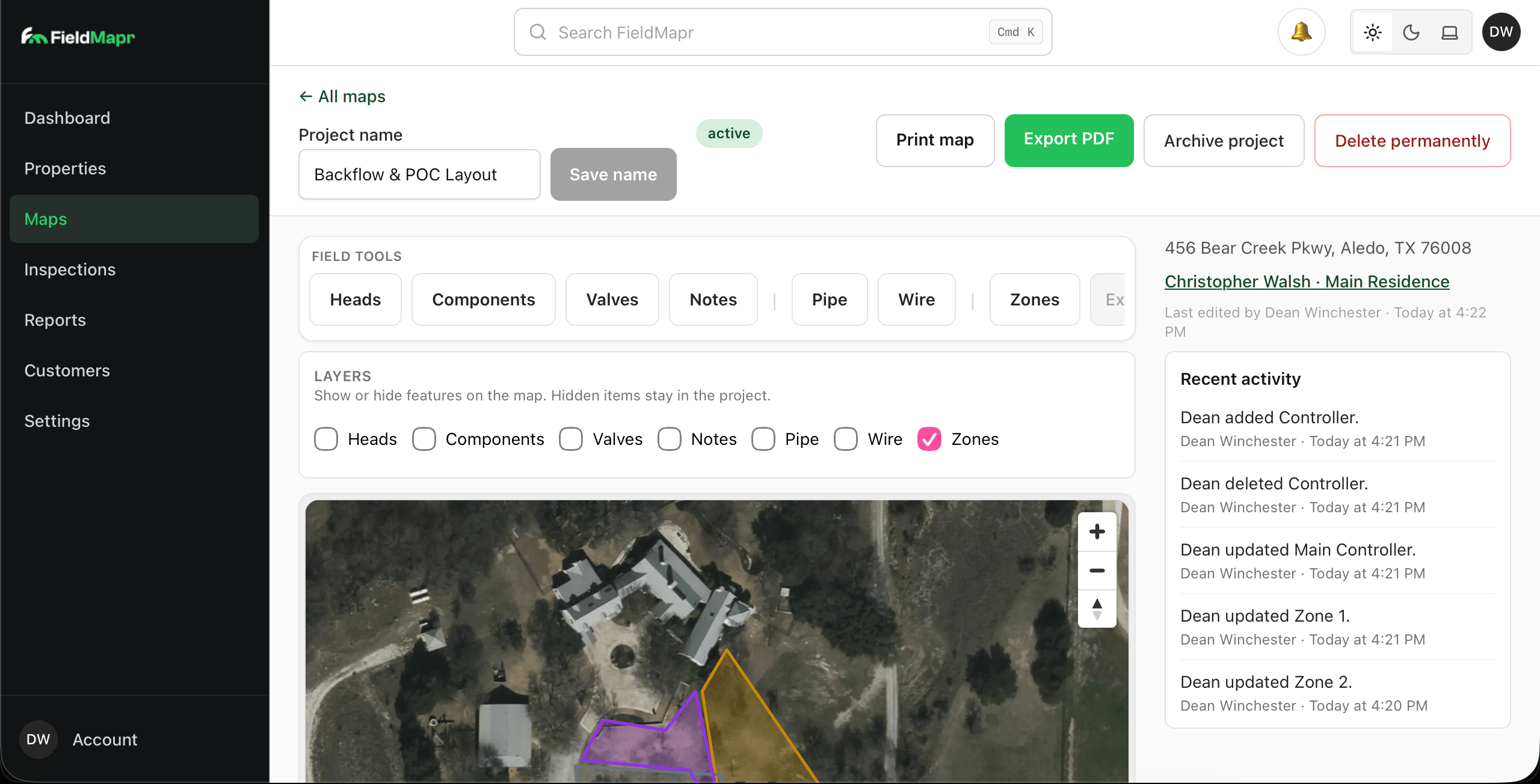 FieldMapr map editor showing irrigation zones, field tools, and layers on satellite imagery of a property